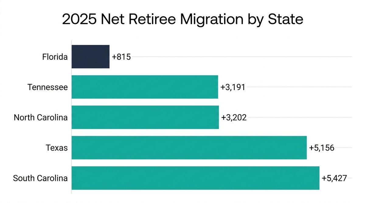 Data chart in slate navy and teal comparing 2025 net retiree migration by state: Florida +815, Tennessee +3,191, North Carolina +3,202, Texas +5,156, South Carolina +5,427