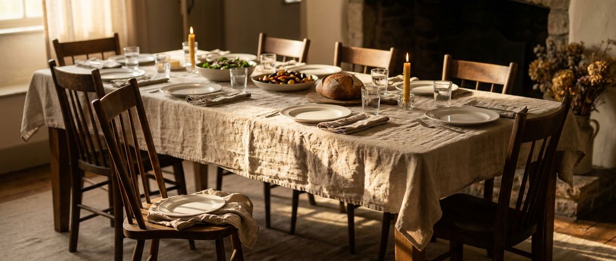 An empty chair pulled slightly away from an otherwise fully set family dinner table, warm evening light