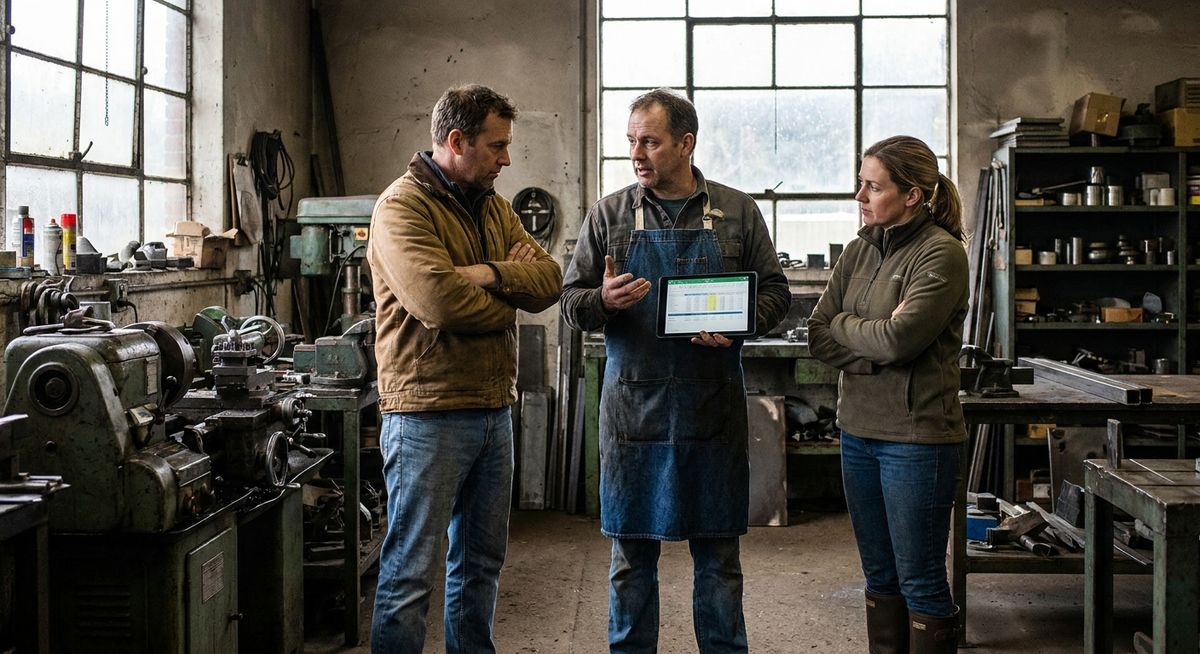 Adult siblings standing together in a family-owned workshop, one holding a tablet with business documents while the others look on