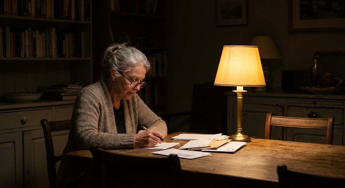 A woman in her seventies sitting alone at her dining table in the evening, reviewing paperwork under a single lamp