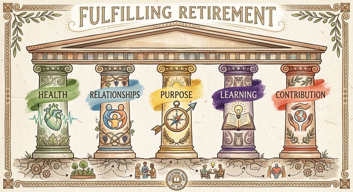 Infographic showing five pillars supporting a classical temple structure labeled 'Fulfilling Retirement,' with each pillar representing health, relationships, purpose, learning, and contribution