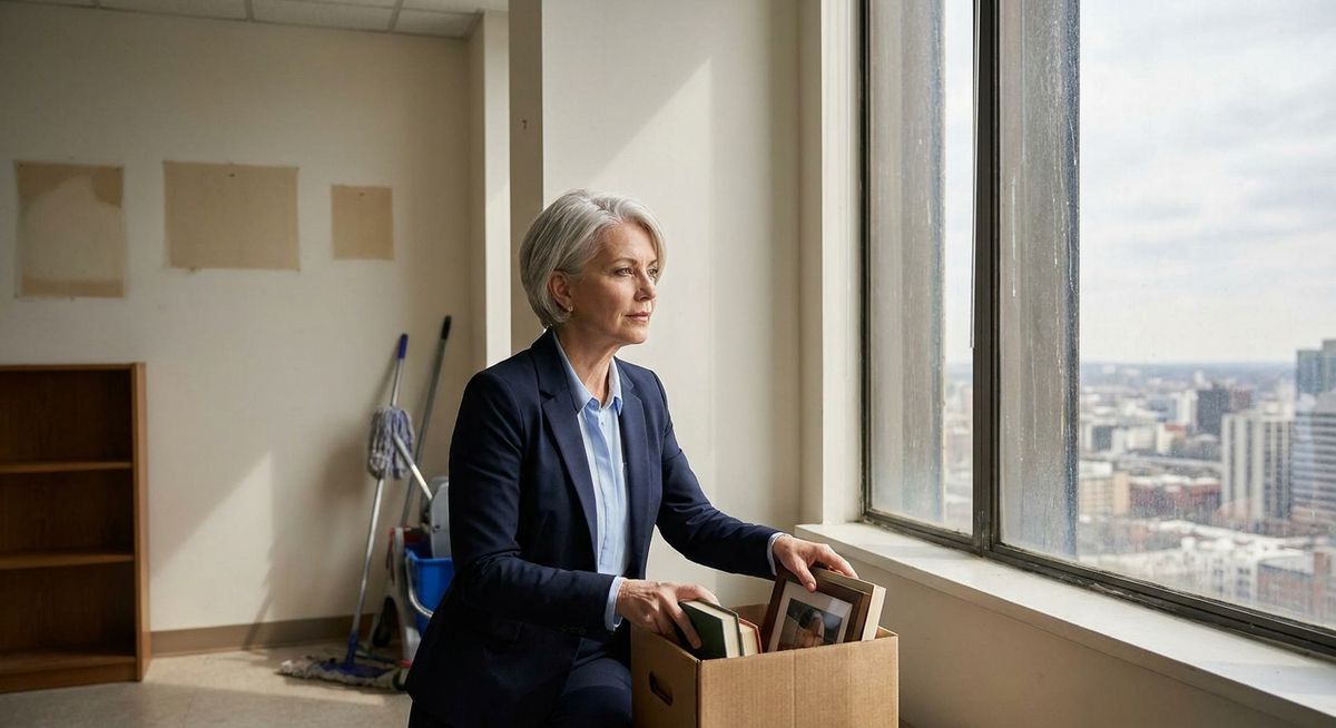 Middle-aged executive in an empty corner office, packing personal items into a box while looking pensively out the window at the city skyline, symbolizing the transition from career identity to retirement uncertainty