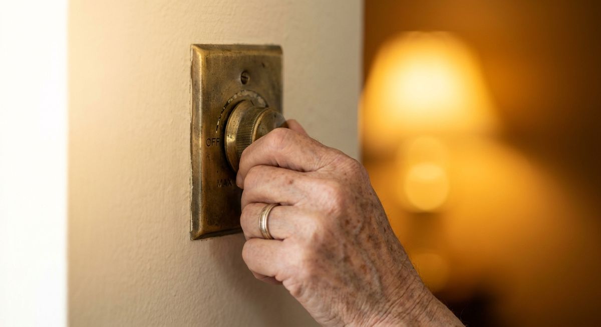 Close-up of a hand slowly turning a brass dimmer switch dial, warm light fading from bright to soft amber, symbolizing a gradual retirement transition