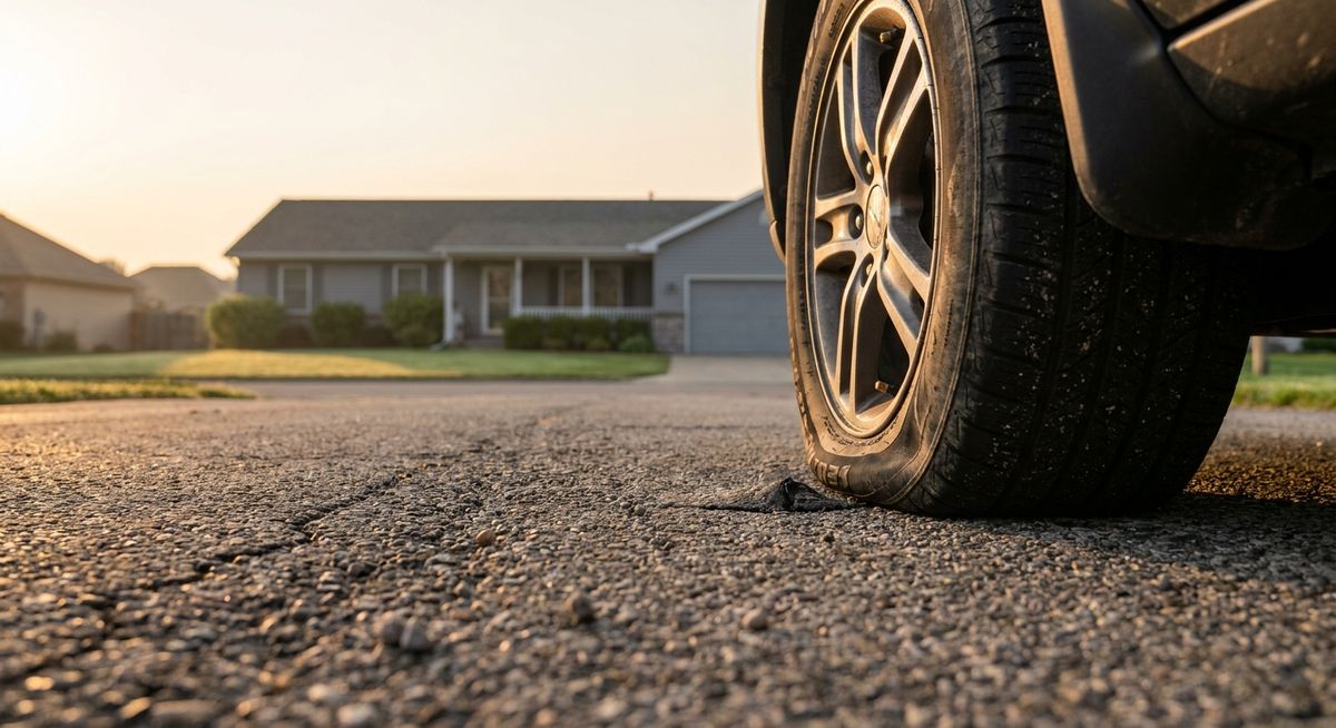 A car tire slowly going flat in a driveway at dawn, symbolizing how retirement plans fail gradually rather than all at once
