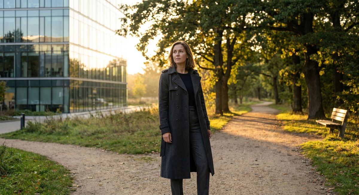 Professional woman at a career crossroads, standing between office building and peaceful park path, symbolizing retirement decision