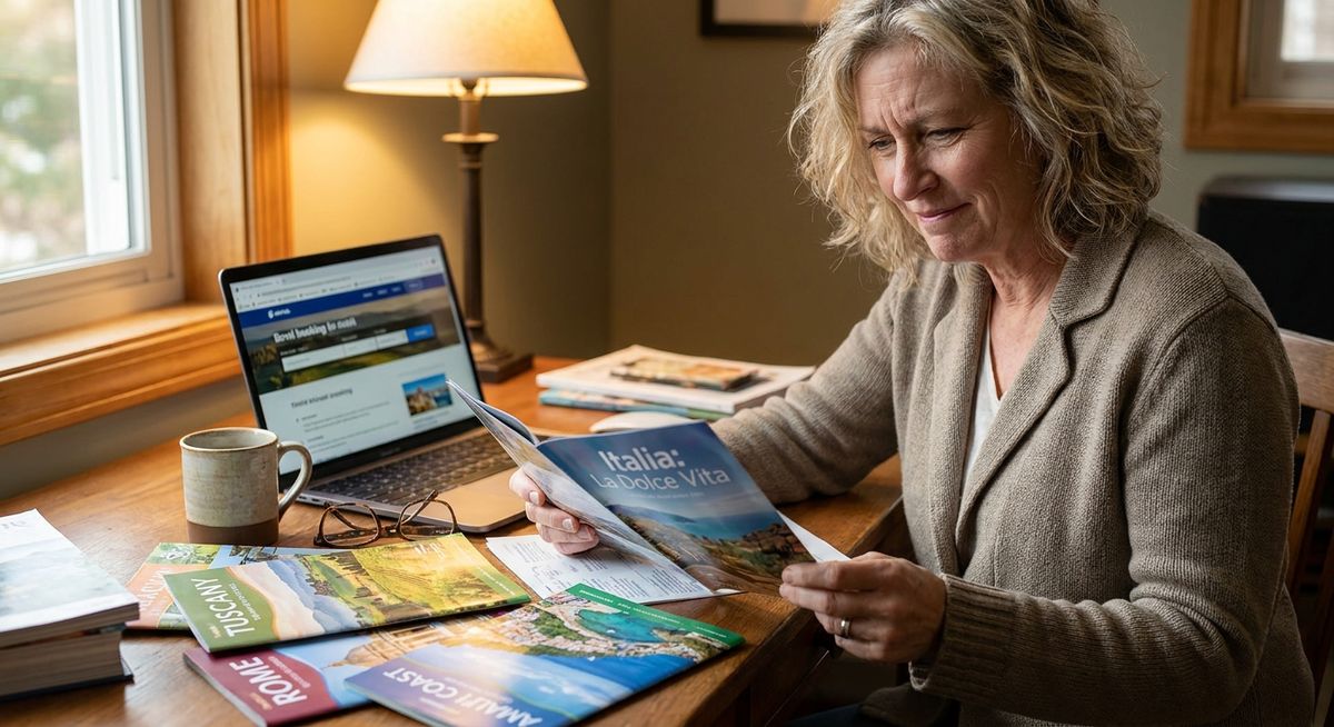 Marketing professional organizing travel brochures and vacation plans at home desk, representing delayed life dreams