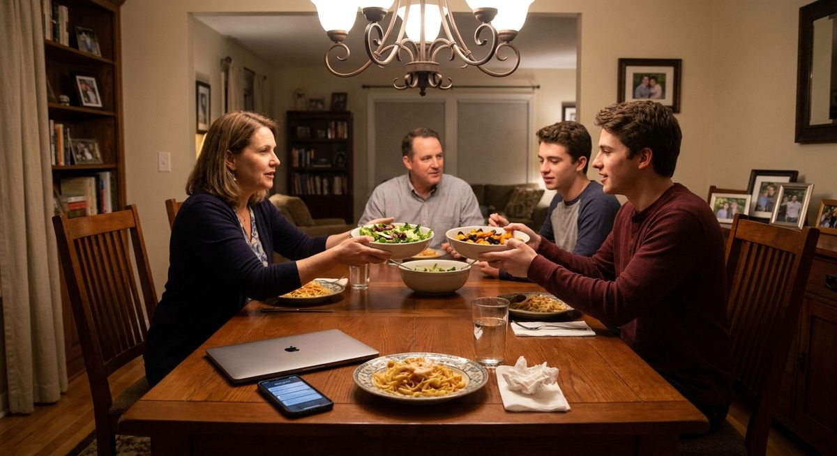 Empty chair at family dinner table with work laptop and phone, symbolizing career obligations taking priority over relationships