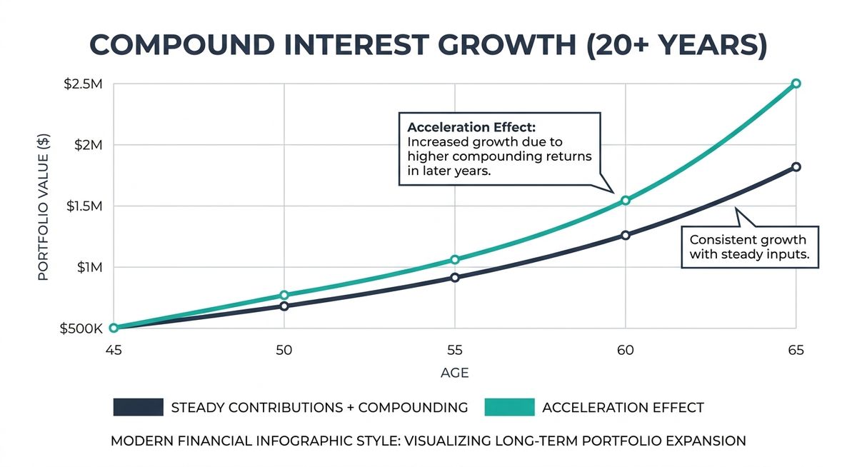 Clean financial chart showing retirement savings growth trajectory over 20 years with compound interest visualization
