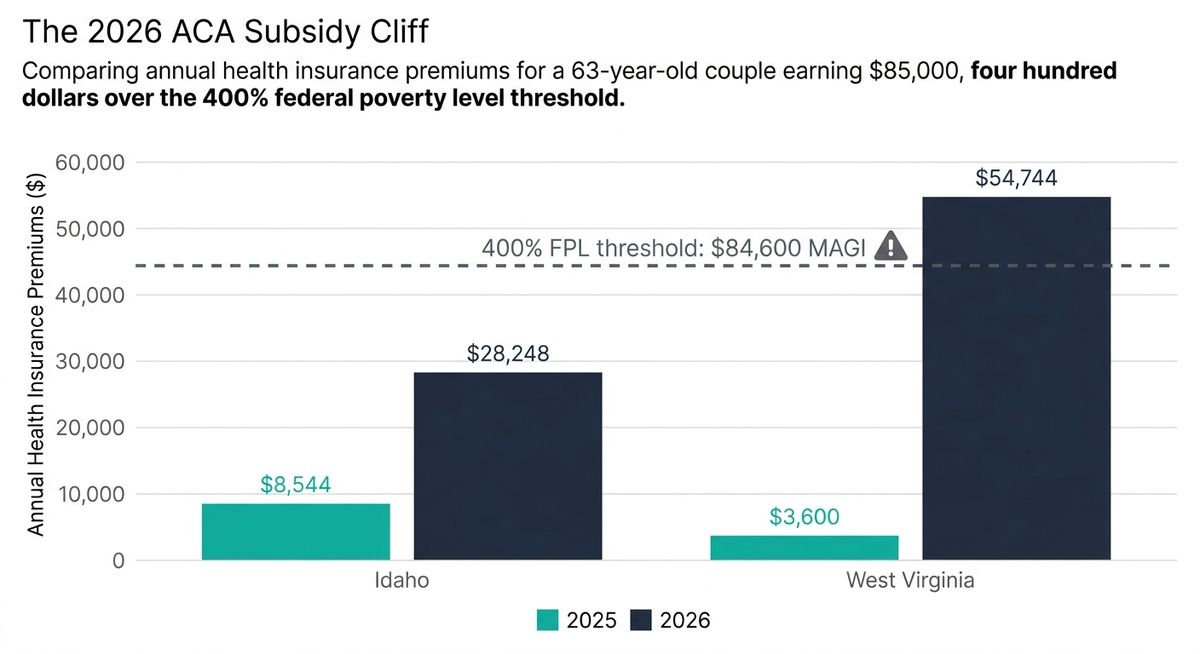 Bar chart comparing 2025 and 2026 ACA marketplace premiums for a 63-year-old couple in Idaho and West Virginia after the 400 percent federal poverty level subsidy cliff returned