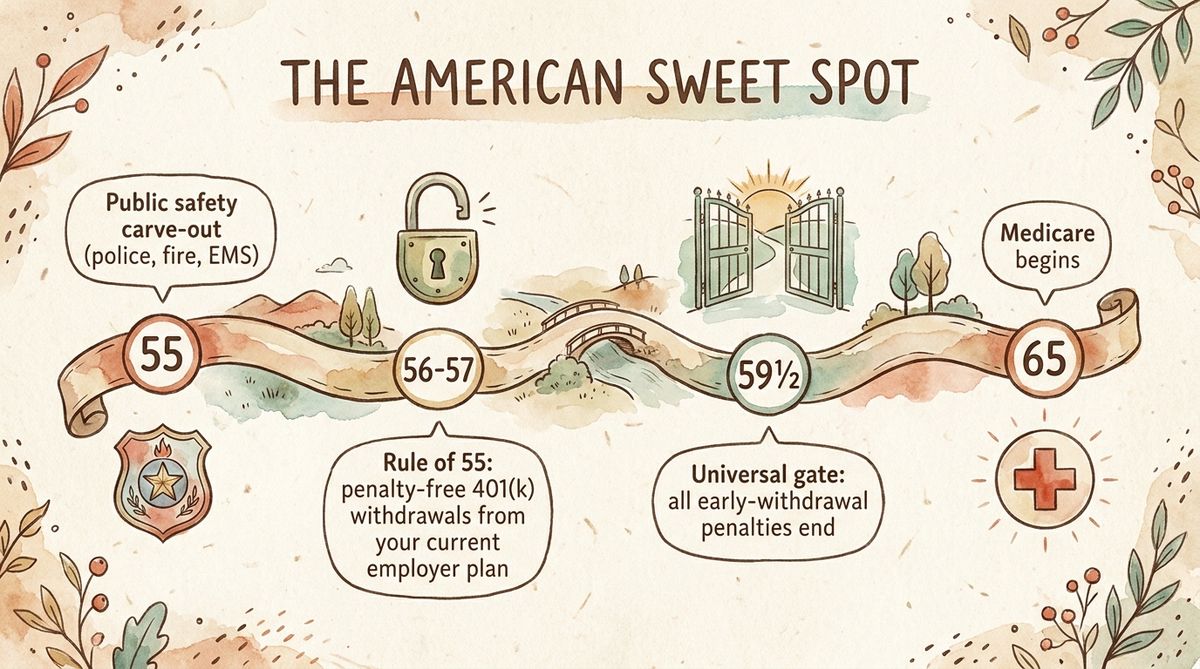Hand-drawn timeline infographic showing the American retirement sweet spot from age 55 to 65, marking the public safety carve-out, the Rule of 55, the universal age 59 and a half gate, and Medicare at 65