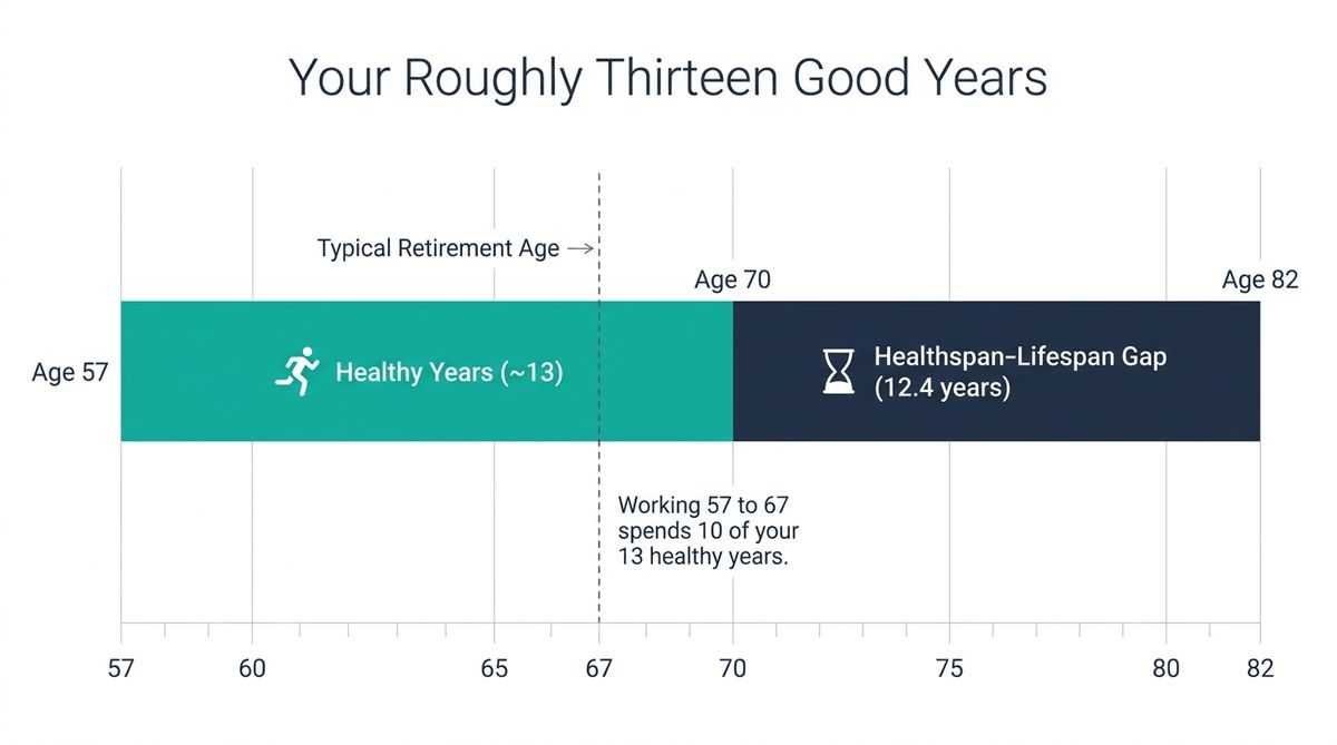 Bar chart showing an American at age 57 has roughly thirteen healthy years left, and working from 57 to 67 spends ten of those thirteen