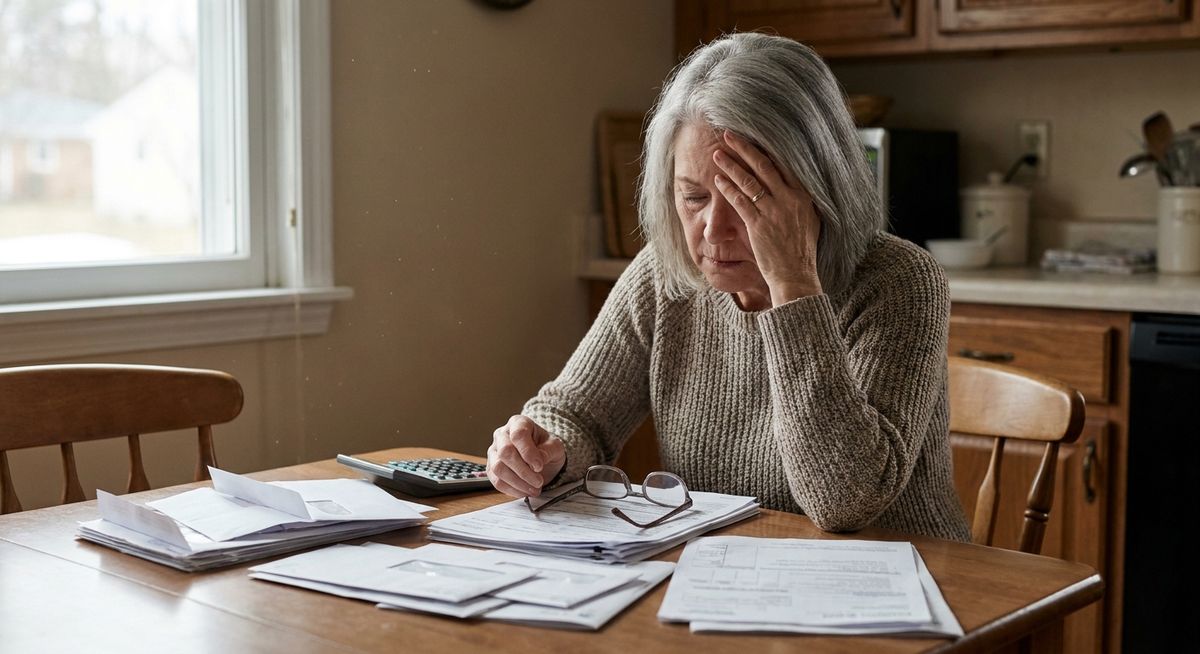 Woman in her late 60s sitting alone at kitchen table with scattered financial documents, looking overwhelmed, soft natural lighting through window