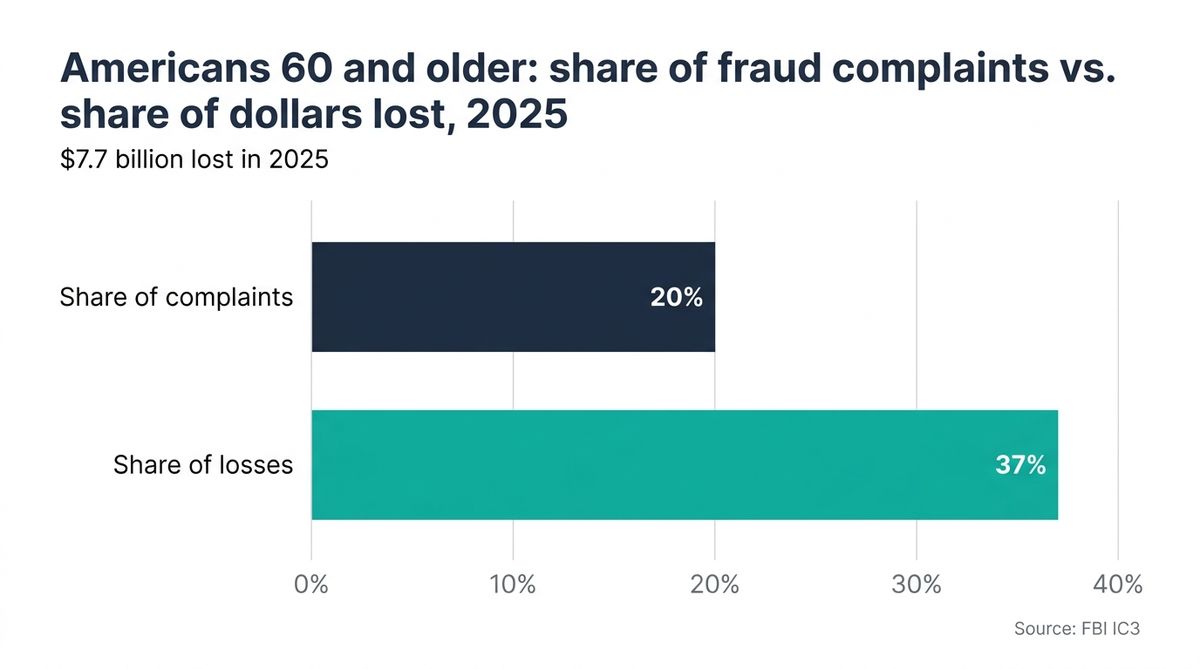 Bar chart comparing Americans 60 and older: 20% of fraud complaints versus 37% of dollars lost in 2025