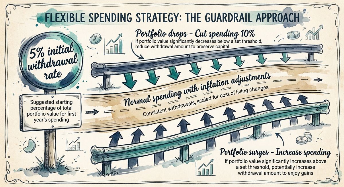 Infographic showing the guardrails strategy with a central spending zone flanked by upper and lower guardrails, with arrows showing spending increases when portfolio outperforms and decreases when it underperforms