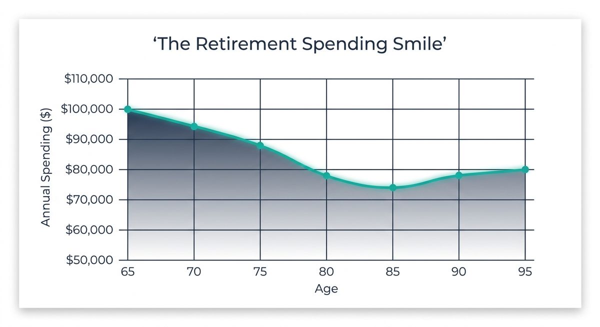 Line chart showing the retirement spending smile pattern - spending starts at $100,000 at age 65, gradually declines to around $74,000 by age 84, then rises slightly to $80,000 by age 95, creating a subtle smile shape