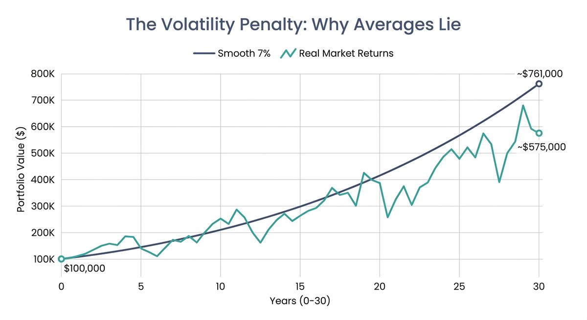 Line chart comparing two investment paths over 30 years - one showing smooth 7% growth versus realistic market volatility with the same average return, demonstrating the volatility penalty