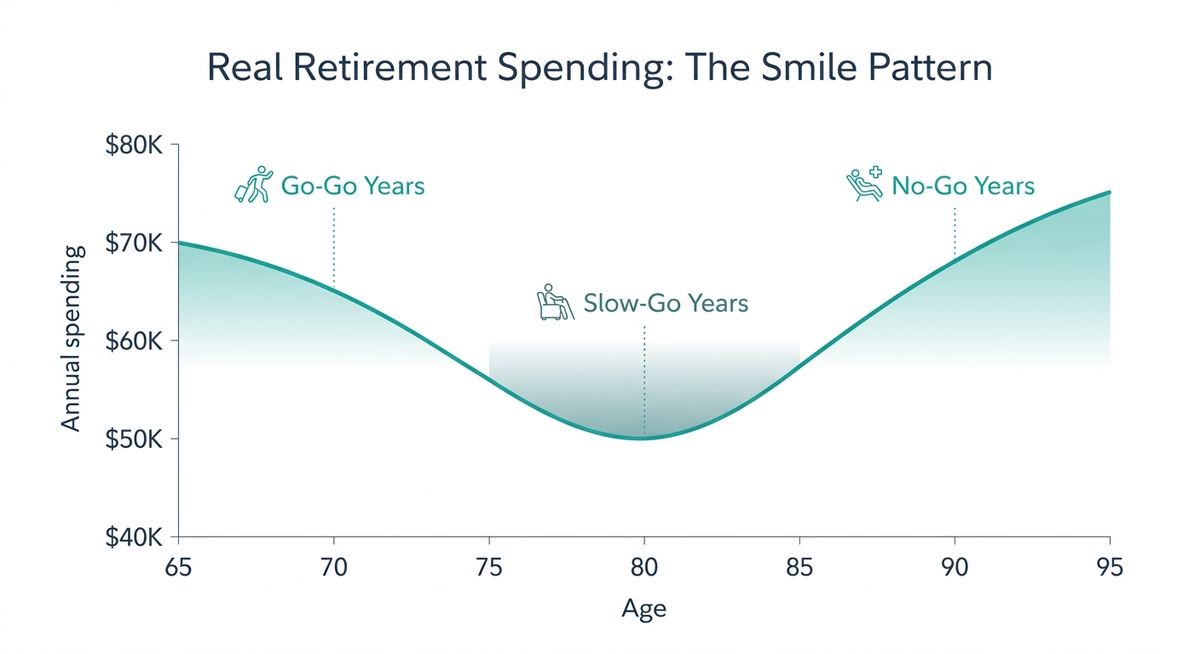 Curved line chart showing the retirement spending smile - higher spending in early retirement (Go-Go years), declining in middle years (Slow-Go), then rising again for late-life healthcare (No-Go years)